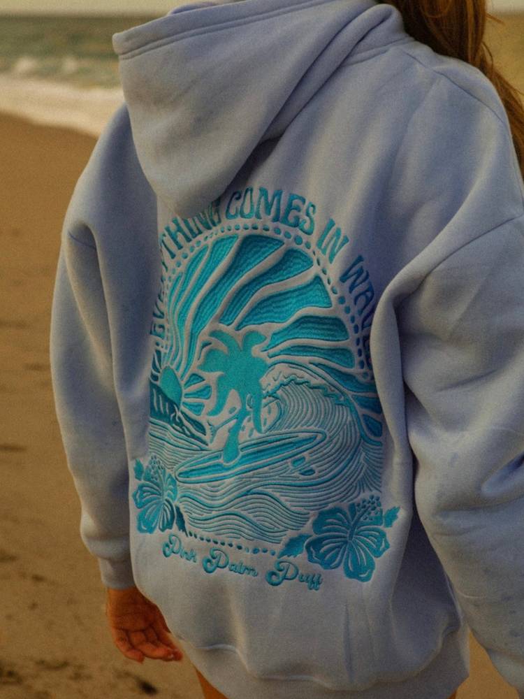 Pink Palm Puff “Everything Comes in Waves” Hoodie Blue