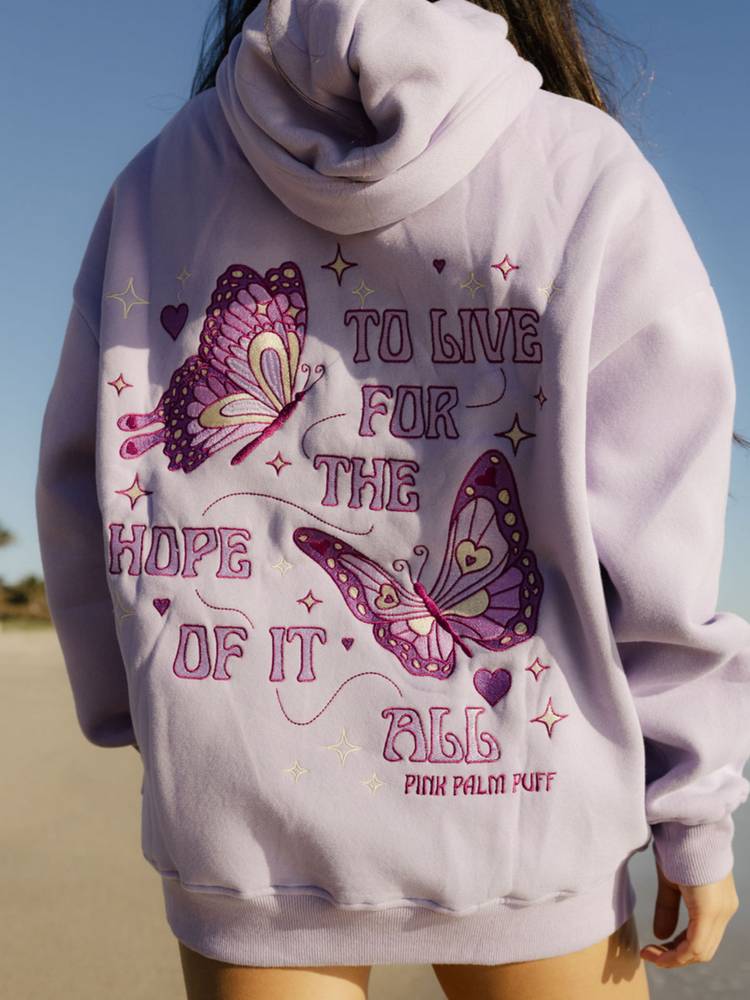 Pink Palm Puff To “Live For the Hope of it All” Hoodie Purple