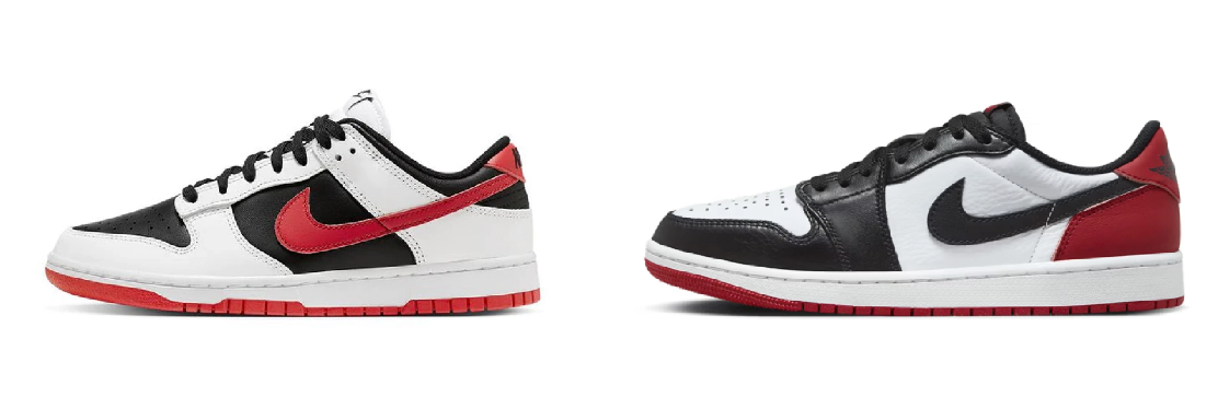 The Nike Dunk Low (left) boasts a slightly lower profile compared to the Air Jordan 1 Low (right)