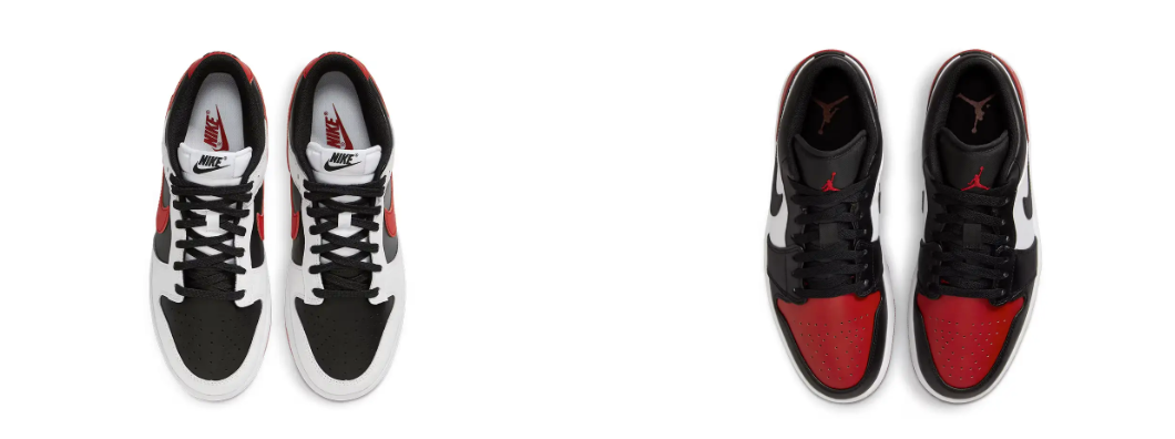 The Nike logo on the Dunk Low (left), and the Jumpman on the AJ1 Low (right)