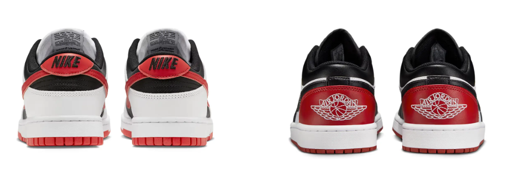 The distinct branding elements on the heels of the Nike Dunk Low (left) and the Air Jordan 1 Low (right)