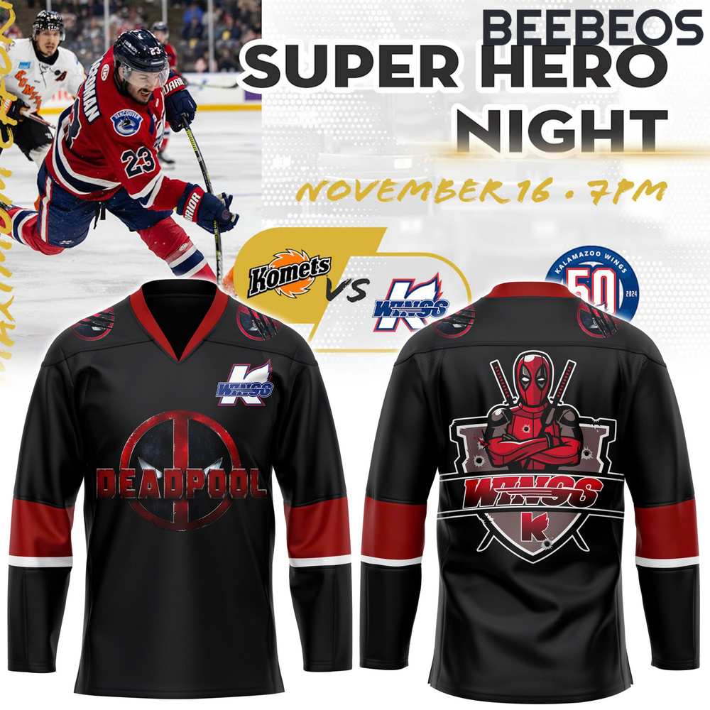 Kalamazoo Wings x Deadpool Super Hero Night 2024 Black Jersey