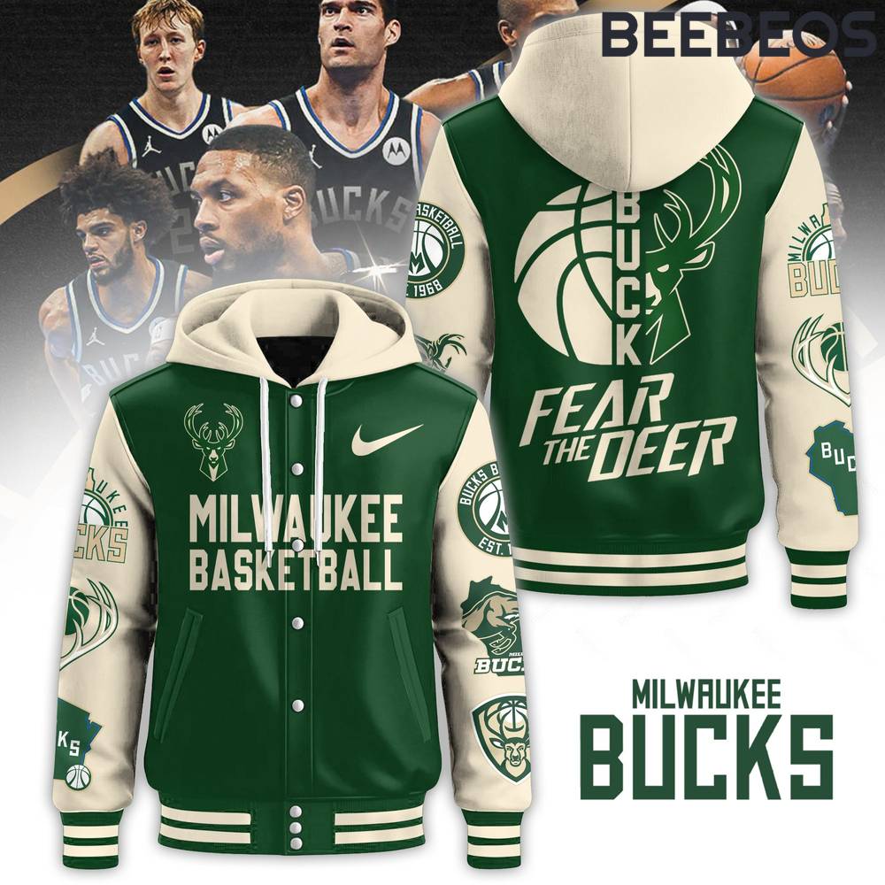 Milwaukee Bucks First NBA Cup Champions Fear The Dear Hooded Baseball Jacket